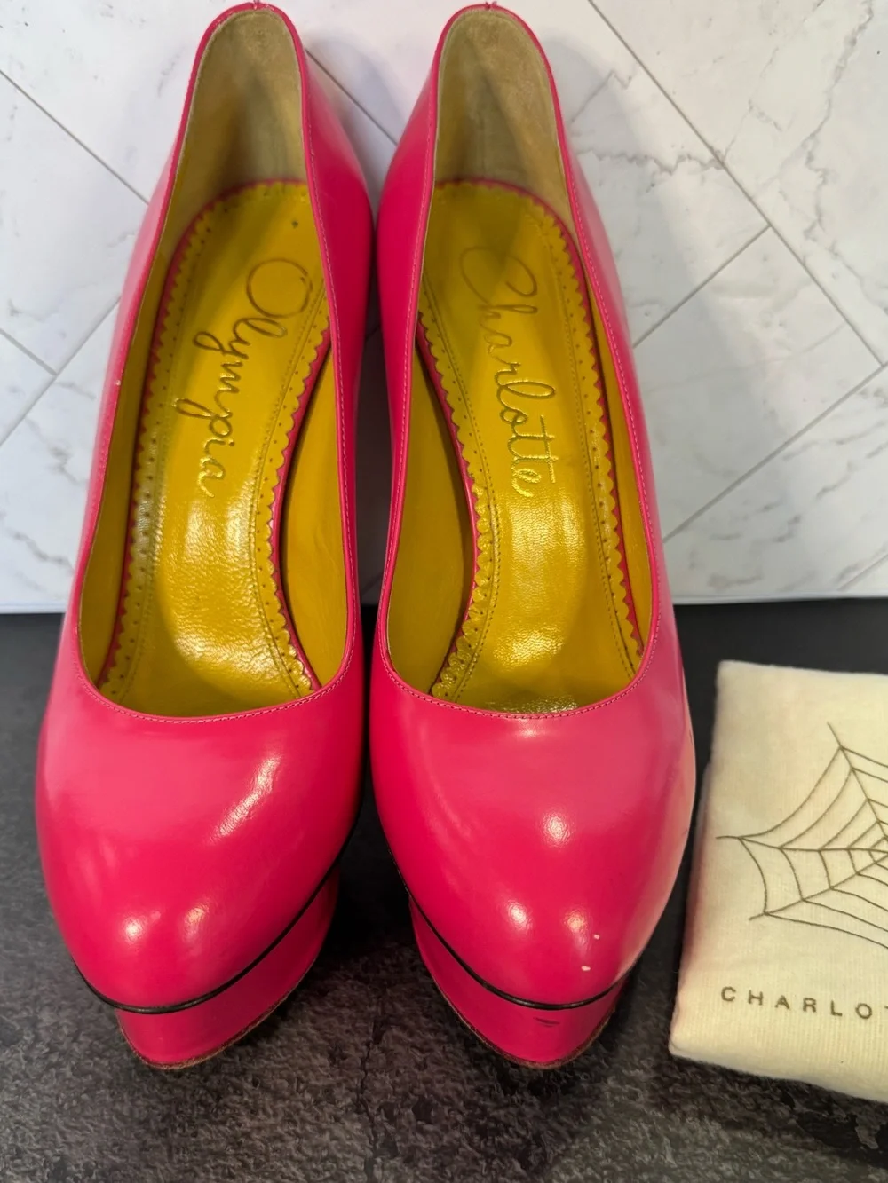 Charlotte Olympia HOT PINK Dolly Platform Pumps Heels, Size 38.5